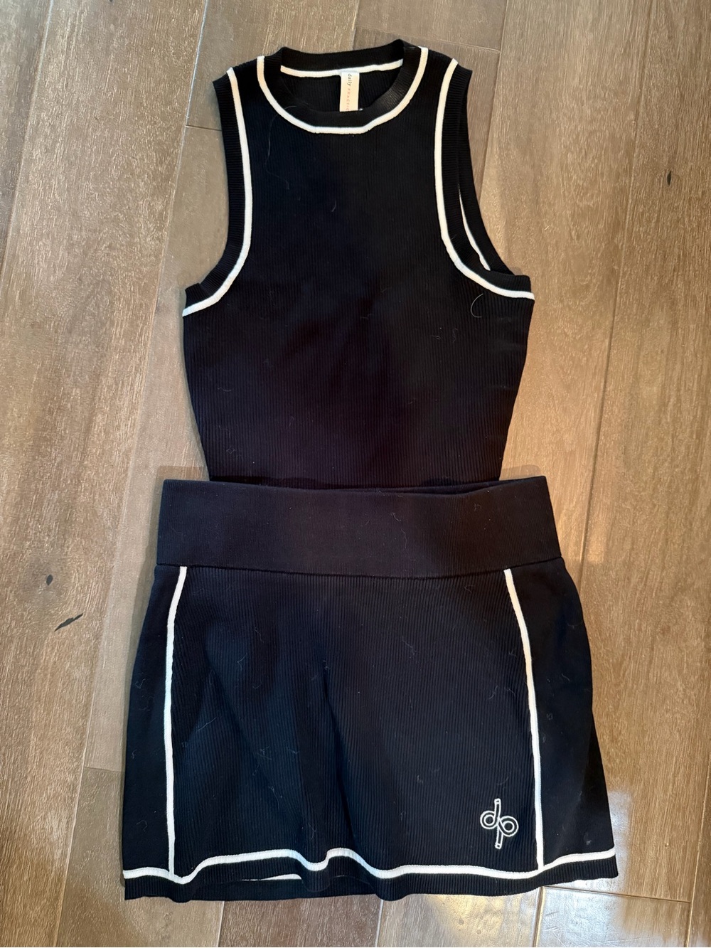 Daily Ritual Black Knit Top & Skirt Set with White Trim